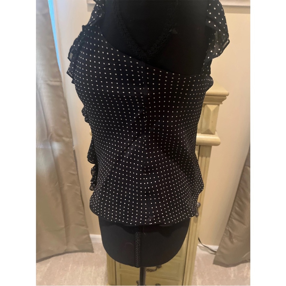 VTG Ralph Lauren Silk Black and White Polka Dot Ruffle Sleeveless Blouse - Picture 4 of 10